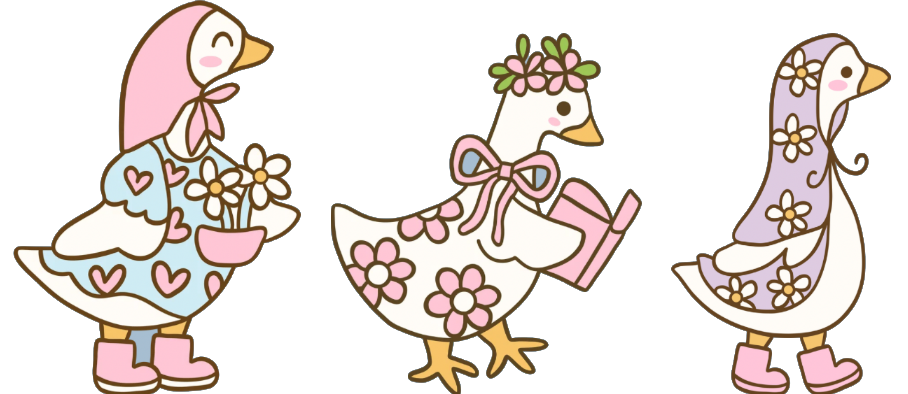 Three geese in bonnets and flower crowns walking in a line